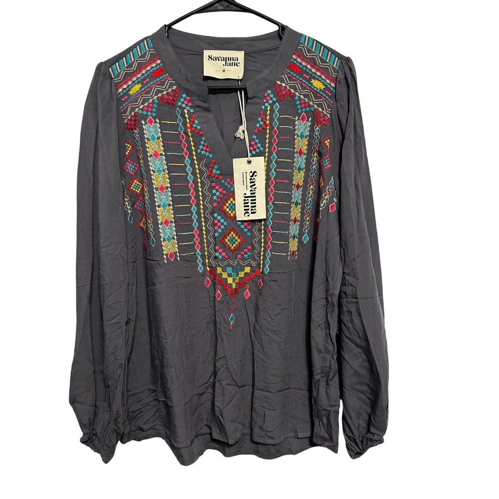 Savanna Jane Blouse Embroidered Womens M Gray Boho Long Sleeve Split Neck NWT